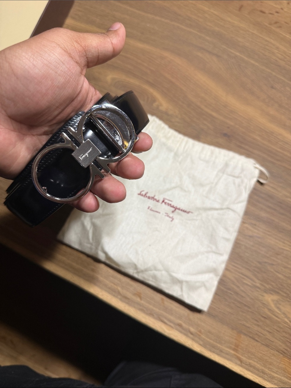 Salvatore Ferragamo Black Leather Belt with Silver Gancini Buckle